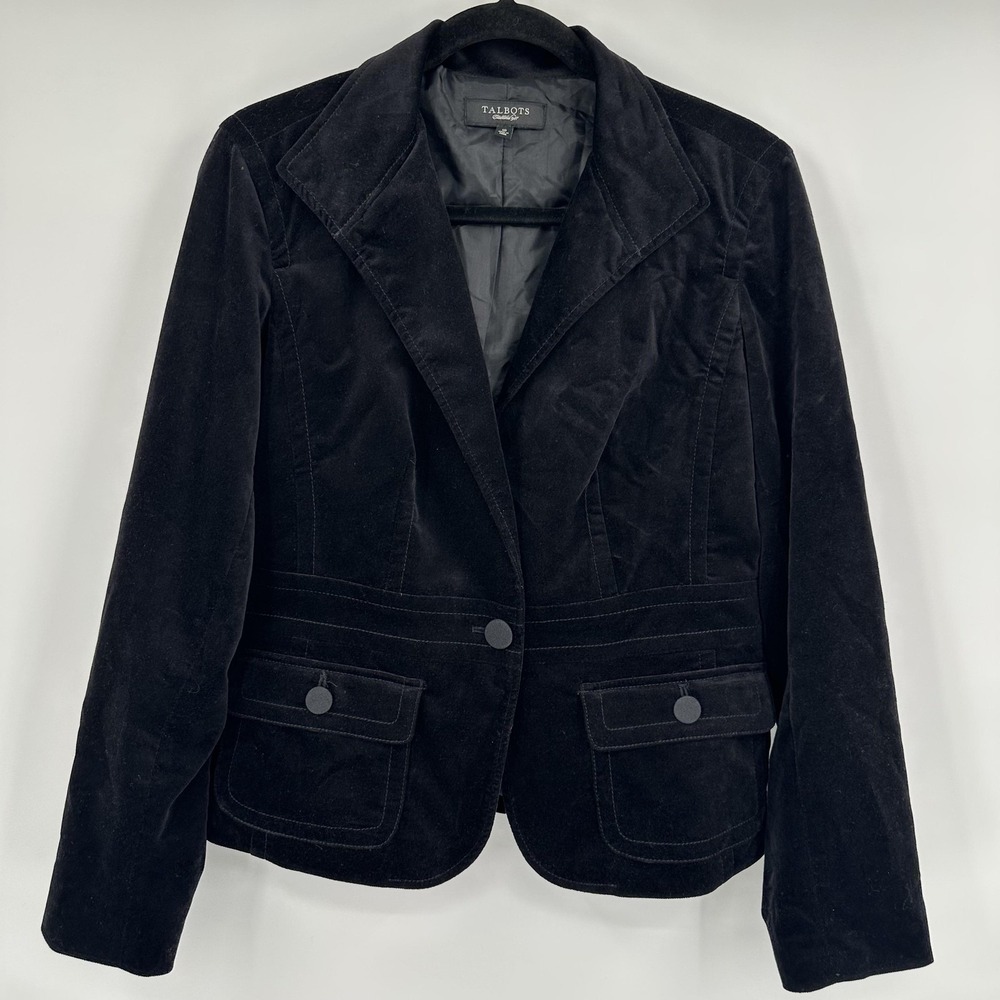 Talbots Blazer Womens 10 Black Stretch Velveteen Two Button Lined Notch Lapel